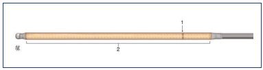 Figure 2.* ClosureFAST heater and thermocouple catheter. The thermocouple (1) is mounted distally to the heating element (2). * From Perrin M. Traitement chirurgical endovasculaire des varices des membres inférieurs. Techniques et résultats, EMC (Elsevier Masson SAS, Paris. All rights reserved), Techniqueschirurgicales- chirurgie vasculaire, 43-161-C, 2007